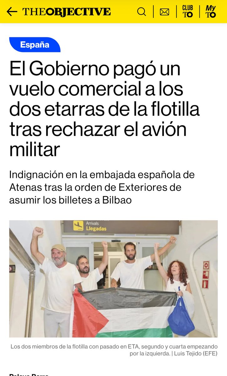 Los dos etarras y otros catorce sinvergüenzas de la flotilla se negaron a subirse al avión del Ejército que Sánchez puso a su disposición y exigieron volver en un vuelo comercial pagado -eso sí- por todos los españoles. La España de Sánchez es un esperpento cotidiano.