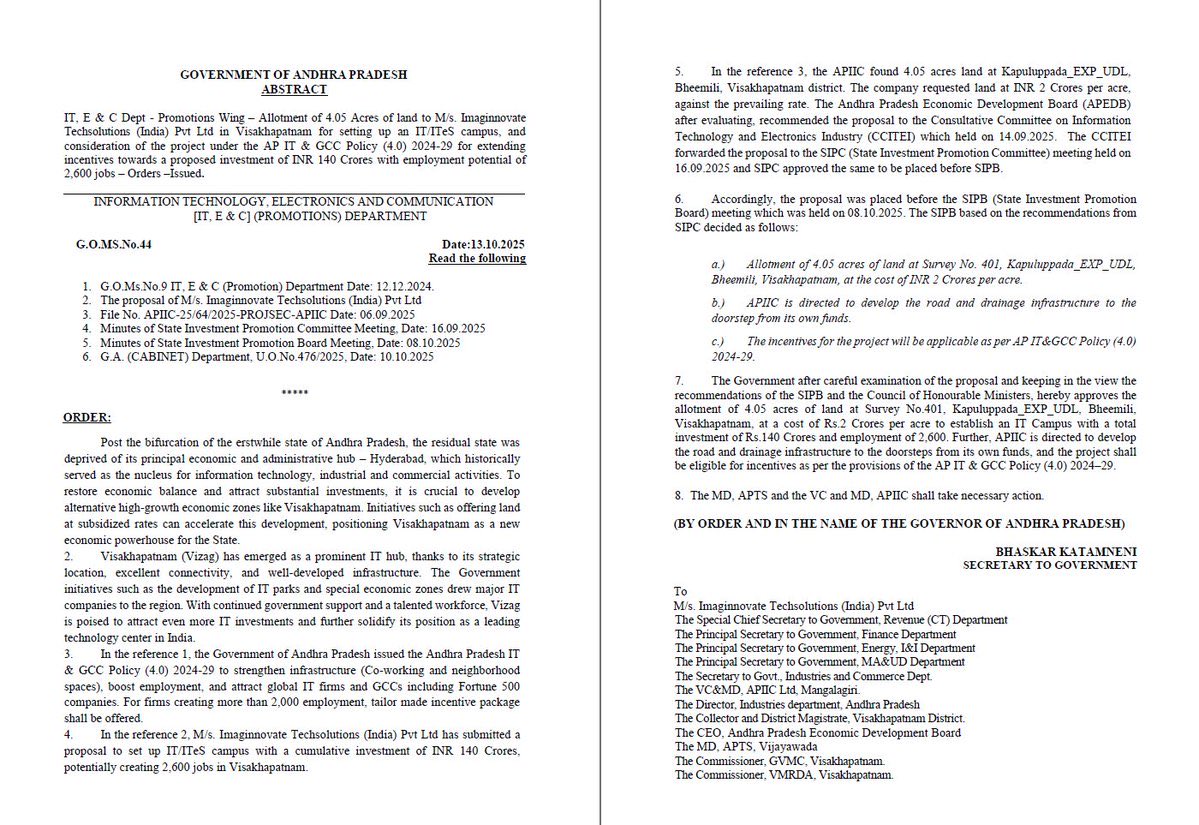 AndhraCommunity's tweet image. 🚀 Another IT boost for Vizag! 🌐✨
GoAP approves land allotment & incentives for Imaginnovate Techsolutions India Pvt. Ltd. to set up a new IT Campus 👩💻
📍 4.05 Acres at Kapulupadda (Survey No. 401)
💰 ₹140 Cr Investment
👷 2,600 Jobs to be created
Strengthening #Vizag’s…