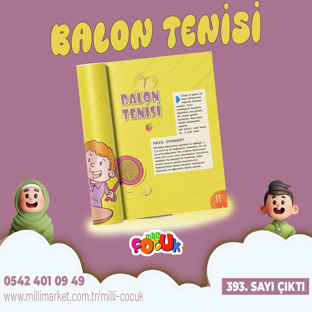 MilliCocuk's tweet photo. Balon tenisi

Oyunumuz bir çeşit tenis ama balonla oynananından. İki raket 1.5 mt ip ve balonunuz varsa hemen işe başlayabilirsiniz. İpe bağlı balon ortada olacak şekilde rakibinizle karşılıklı oynayabilirsiniz. İyi eğlenceler! https://t.co/g7IgsYM3FS