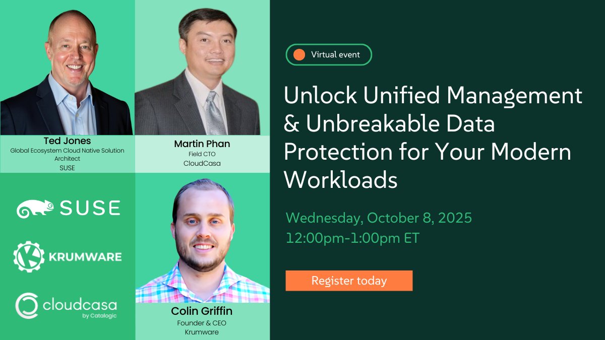 DJuggath's tweet image. Don't miss out! Join SUSE, @CloudCasa & @Krumware to simplify your #Kubernetes journey with unified infra management, enterprise-grade backup, and lower TCO. See okt.to/3ZhDyV #CloudComputing #TechWebinar #DevOps #HybridCloud #DataProtection