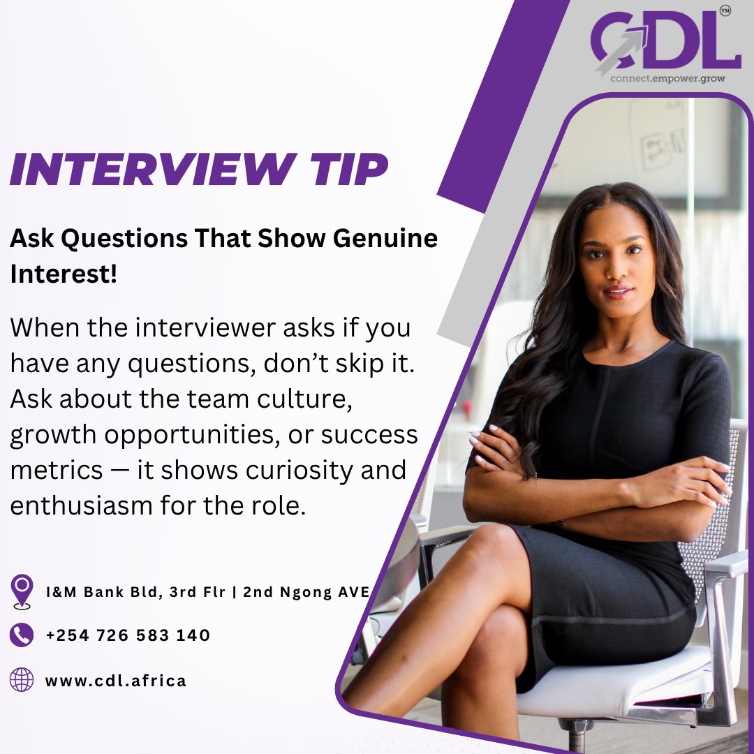 CDLAfrica's tweet image. INTERVIEW TIP OF THE WEEK!
Asking thoughtful questions at the end of an interview can set you apart from other candidates. It shows genuine interest, curiosity, and a proactive mindset, qualities every employer values!
#InterviewTip #CareerAdvice #JobSearchSuccess #CareerGrowth