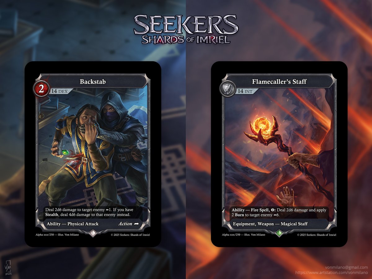 Card illustrations I did for the first set of cards for 𝑺𝒆𝒆𝒌𝒆𝒓𝒔: 𝑺𝒉𝒂𝒓𝒅𝒔 𝒐𝒇 𝑰𝒎𝒓𝒊𝒆𝒍, a hero-based card game with high interaction and a heavy emphasis on positional strategy.

seekers.gg

Hi-res:
artstation.com/artwork/zxrdxZ
artstation.com/artwork/GvnrvQ