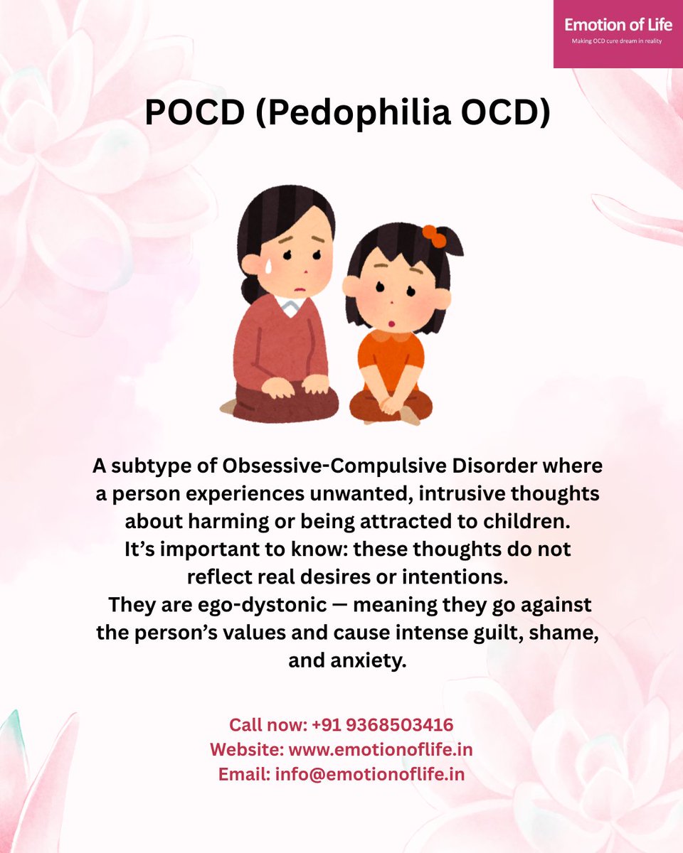 emotionoflife75's tweet image. POCD isn’t about attraction — it’s about fear.
Unwanted thoughts that go against everything you believe in. It’s painful, confusing, and filled with guilt — but it’s treatable. CBT and ERP therapy can help you find peace again.
#POCD #OCDRecovery #IntrusiveThoughts #PureO