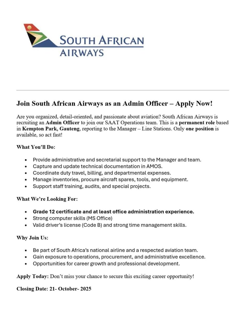 📌South African Airways is hiring!

✅Admin Officer 

📍OR Tambo International Airport 

Salary: R10,000- R18,000 p/m

Requirements:
- Grade 12/ Matric only!
- Experience in administration 

Closing Date: 21-October-2025 

Apply: visionsoul.co.za/south-african-…