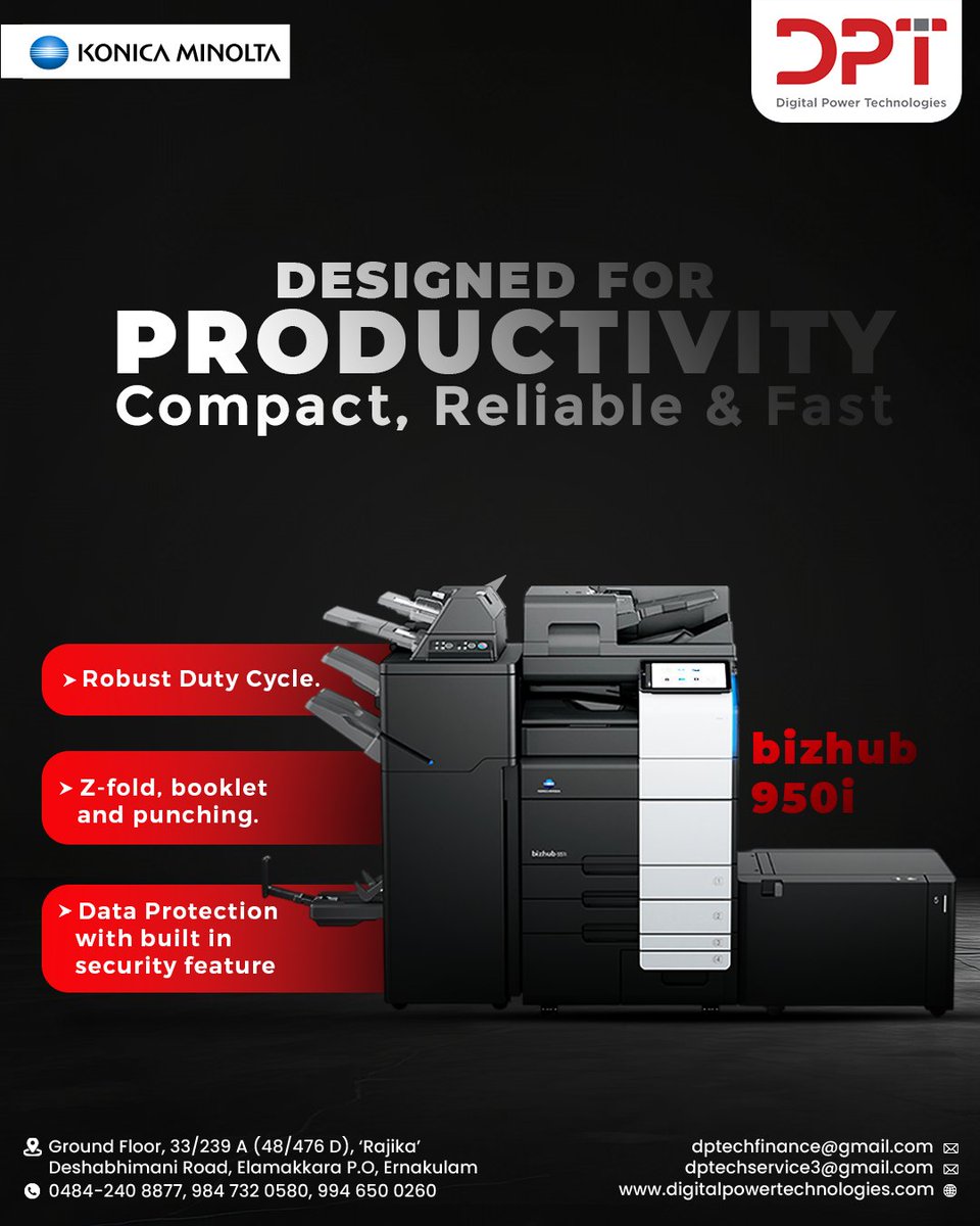 digitalpower_t's tweet image. Boost your workplace efficiency with the Konica Minolta bizhub 950i, designed for high performance, robust duty cycles, and advanced finishing capabilities. 
Contact us.
🌐 digitalpowertechnologies.com
☎ 0484-2408877
📲 +91-9847320580

#DigitalPowerTechnologies #bizhub950i