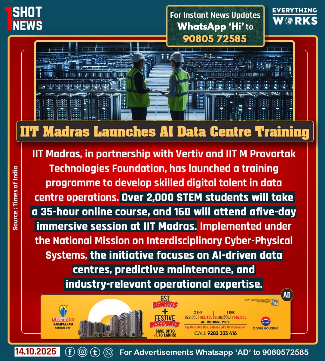 HereWorks's tweet image. IIT Madras, in partnership with Vertiv and IIT Madras Pravartak Technologies Foundation, has launched a training programme to develop skilled digital talent in data centre operations. Over 2,000 STEM students will take a 35-hour online course, and 160 will attend a five-day…