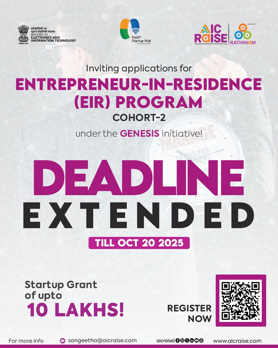 aic_raise's tweet image. Good news for aspiring entrepreneurs! ⏳

The deadline for the EIR Program (Cohort-2) under the GENESIS initiative has been extended till October 20, 2025.

📩 Apply now: aicraise.accubate.app/ext/survey/595…

#AICRAISE #EIRProgram #GENESIS #MeitYStartupHub #Innovation