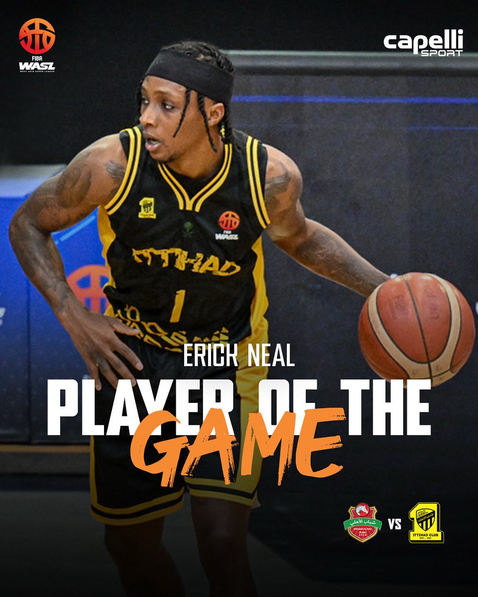 Erik takes home the Capelli Player of the Game after a dominant double-double ⚡️
25 PTS • 17 REB • 38 EFF

#FIBAWASL #WASL #GulfLeague #CapelliSport #PlayForward  <a href="/ErickNeal01/">Erick Neal</a> <a href="/capellisport/">Capelli Sport</a> <a href="/ittihad_en/">Al-Ittihad Club</a> <a href="/ittihad/">نادي الاتحاد السعودي</a>