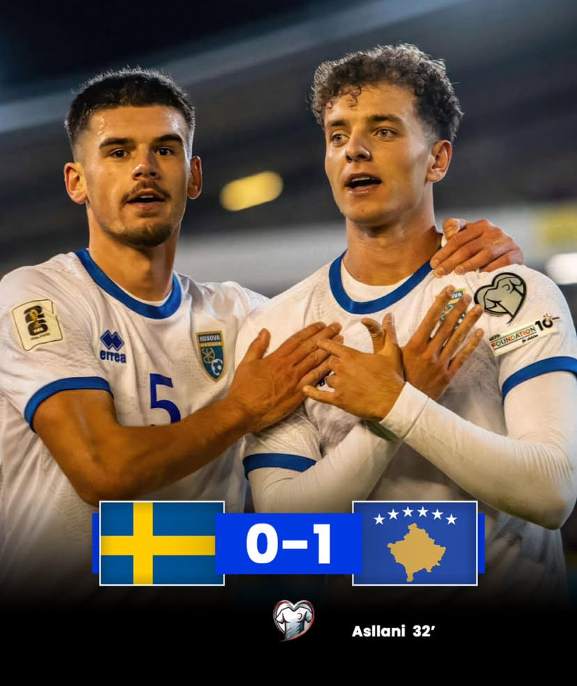 🇽🇰 KOSOVO STUNS SWEDEN AGAIN 🇽🇰

A brilliant 32nd-minute strike from Fisnik Asllani secures a 1-0 triumph in Gothenburg, as Kosovo defeats Sweden for the second time in a month. 

A major stride forward on the road to the 2026 World Cup!

#Kosova #WorldCup2026 #WorldCupQualifiers