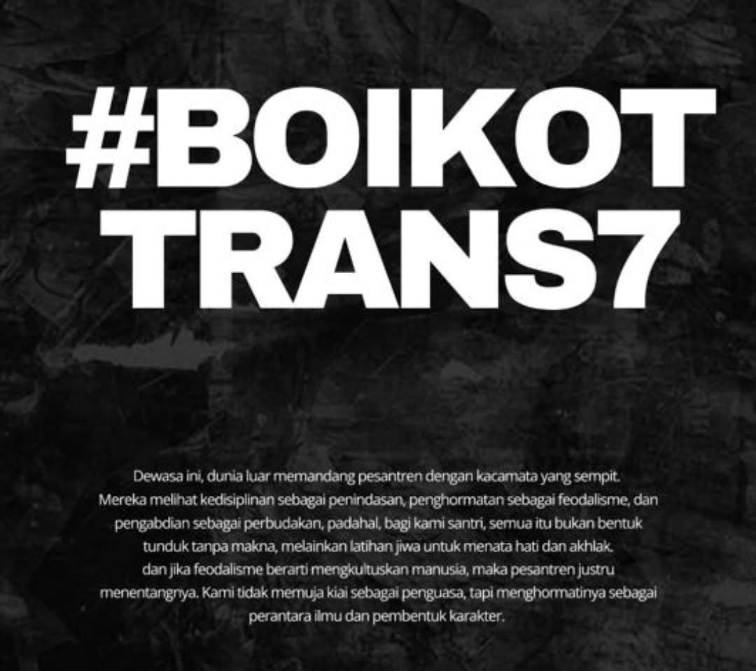#BOIKOTTRANS7 

Ayok Para Santri, wayaeh Roan di Kantor
<a href="/TRANS7/">TRANS7</a> <a href="/TRANSTV_CORP/">TRANS TV</a> <a href="/CTCorp_ID/">CT Corp</a> 

Trans7 Hajingan tenan