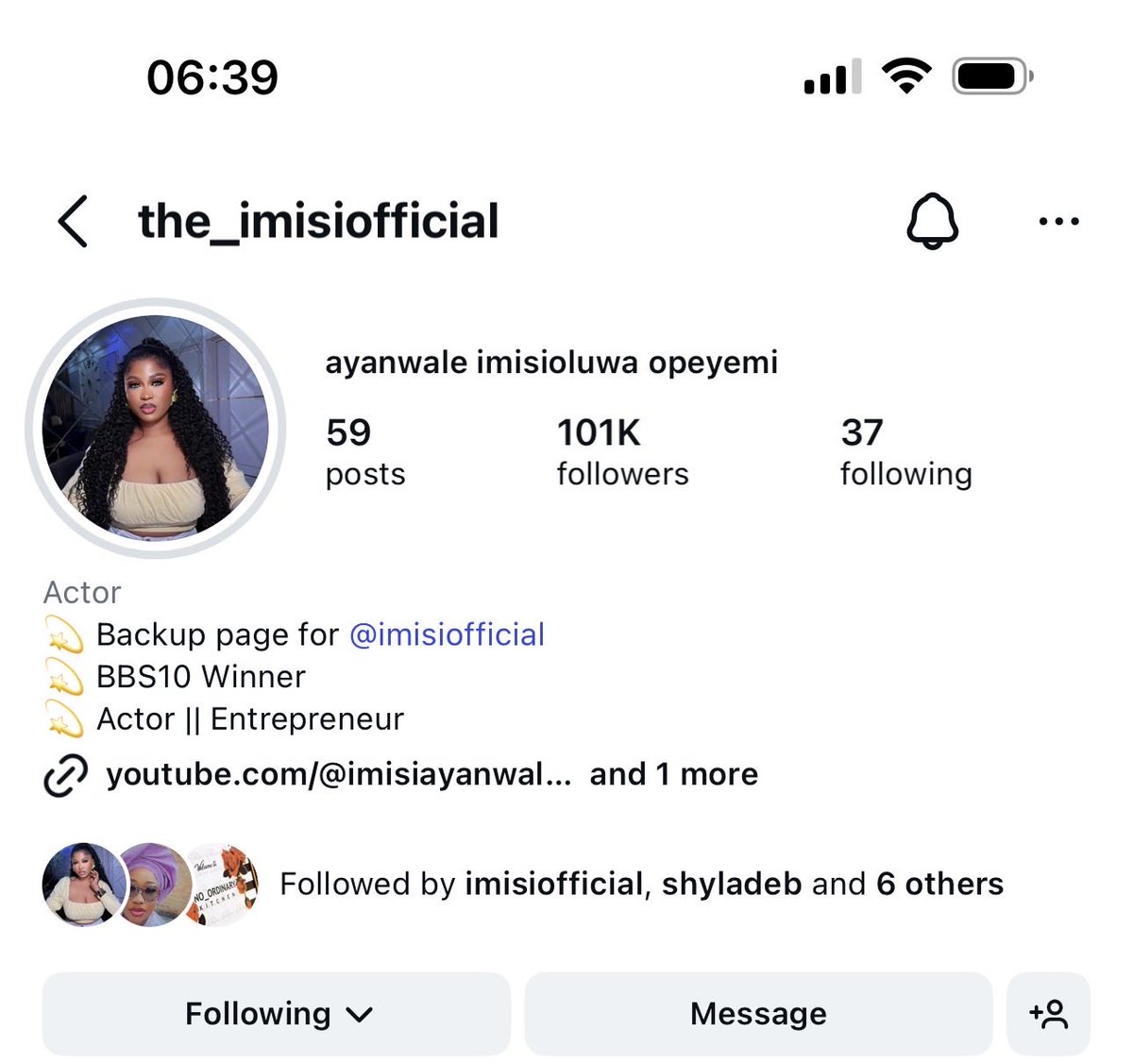 Imisi’s back up page is on 100K+ organic followers!!! Interesting 😌Keep following please🫶🏾
