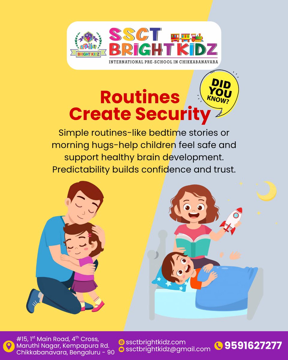 SsctbrightKidz's tweet image. Fun Fact: Consistent routines help young children feel secure and confident. It builds trust and supports smoother transitions.
#FunFactFriday #RoutinesMatter #ChildDevelopment #PreschoolTips #SecureAndConfident #DailyStructure  #EarlyLearningWisdom #ssctbrightkidz #brightframes