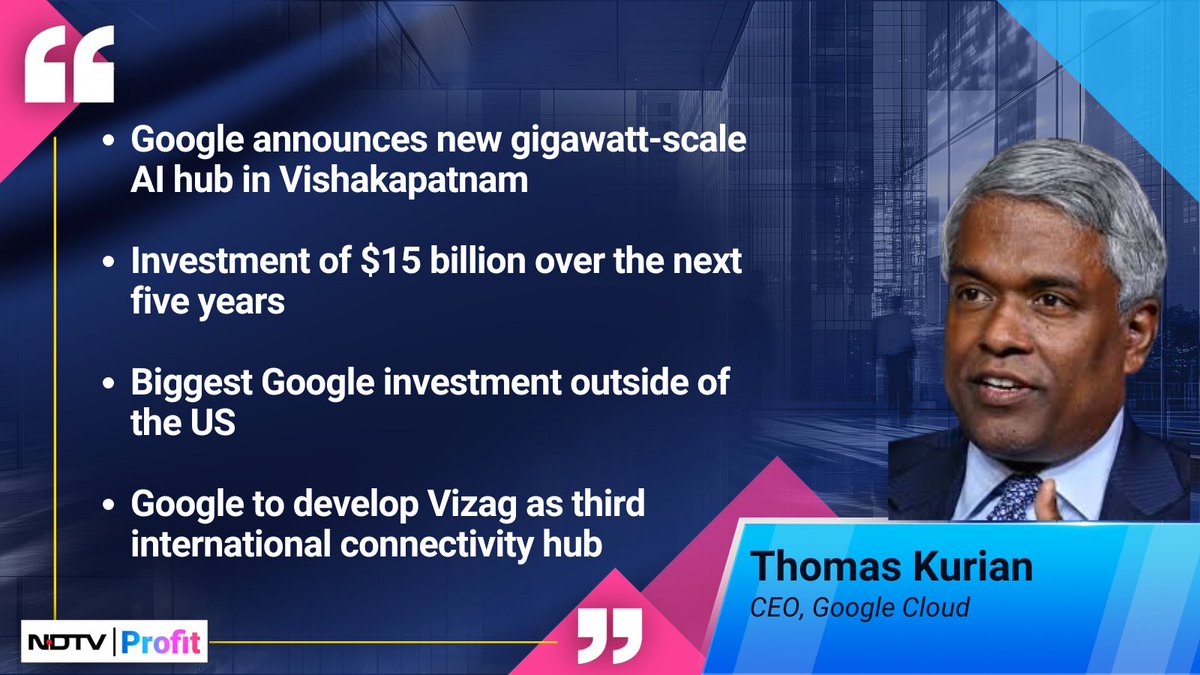NDTVProfitIndia's tweet image. #Google announces new gigawatt-scale AI hub in Vishakapatnam: Thomas Kurian
For the latest news and updates, visit: ndtvprofit.com