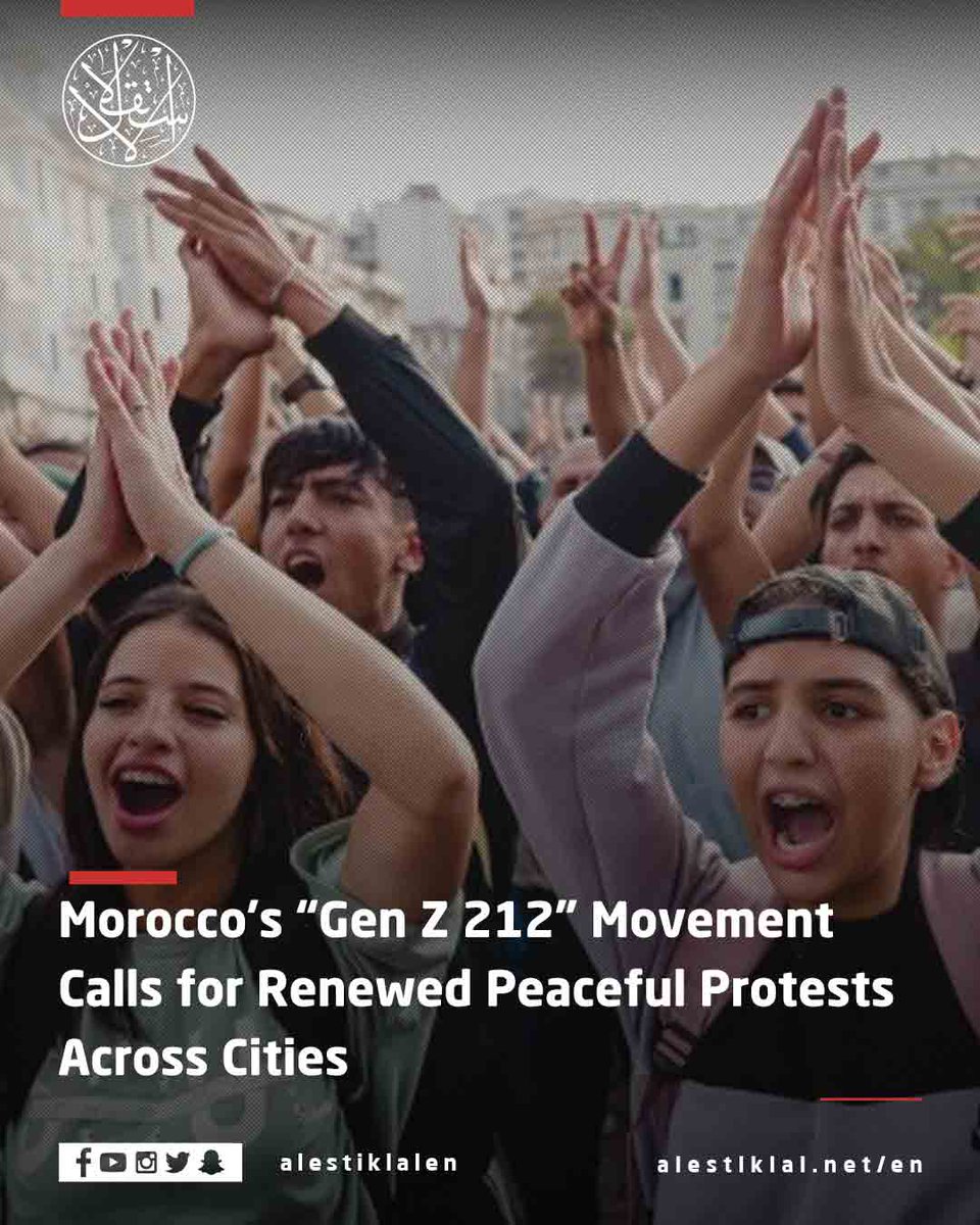 alestiklalen's tweet image. Morocco’s “Gen Z 212” movement calls for peaceful protests to resume this Saturday across the country — saying members voted to continue and expand their activism.
The government says it’s ready for dialogue and faster reforms.

#Morocco #GenZ212 #Protests