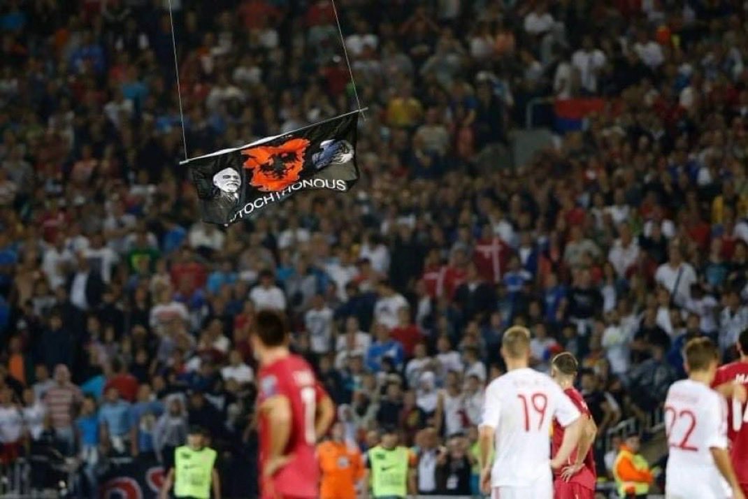 The Flag That Flew Above Belgrade

11 years ago today, on October 14, 2014, a simple drone carried the most powerful symbol of Albanian pride — the map of Ethnic Albania — above the skies of Belgrade.
In a stadium where no Albanian fan was allowed, our flag flew higher than ever,