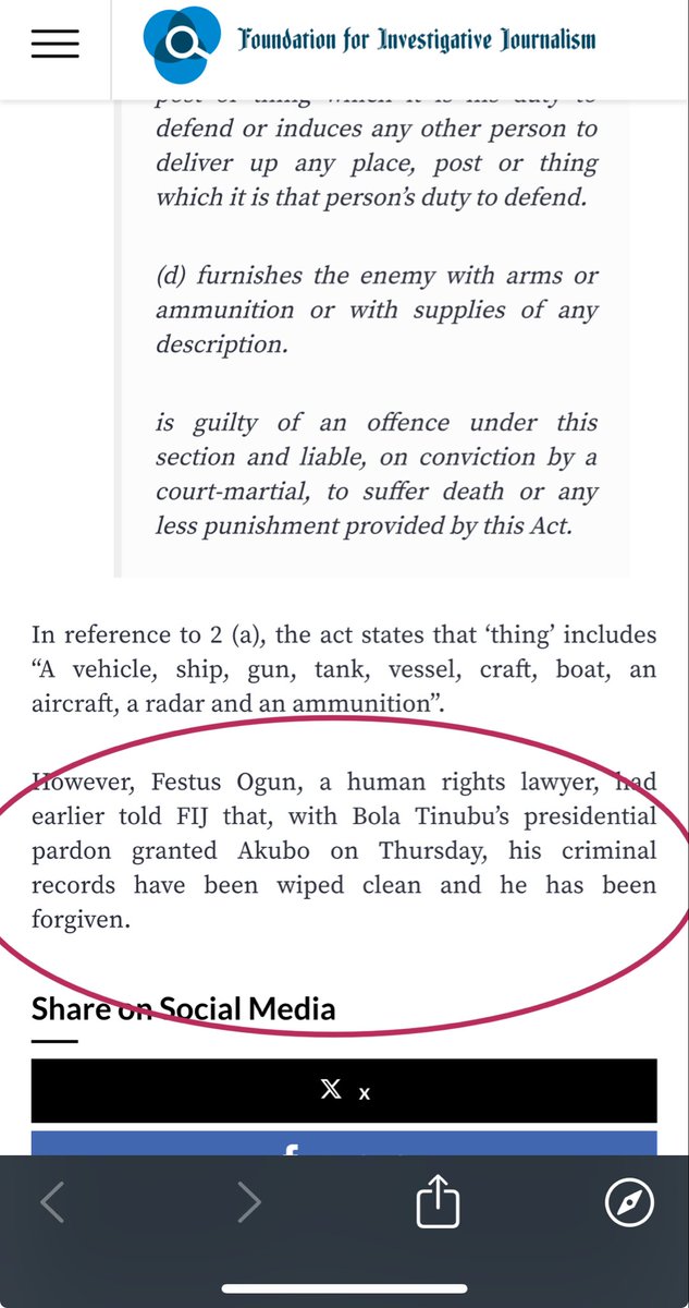 Orguy's tweet photo. @fisayosoyombo Festus Ogun is very unlikely to have told you this. Heck he wasn’t even pardoned. His sentence was commuted to 20 years from the life sentence he received from the Court Martial. 

FIJ, please. https://t.co/JvmPsLddf5