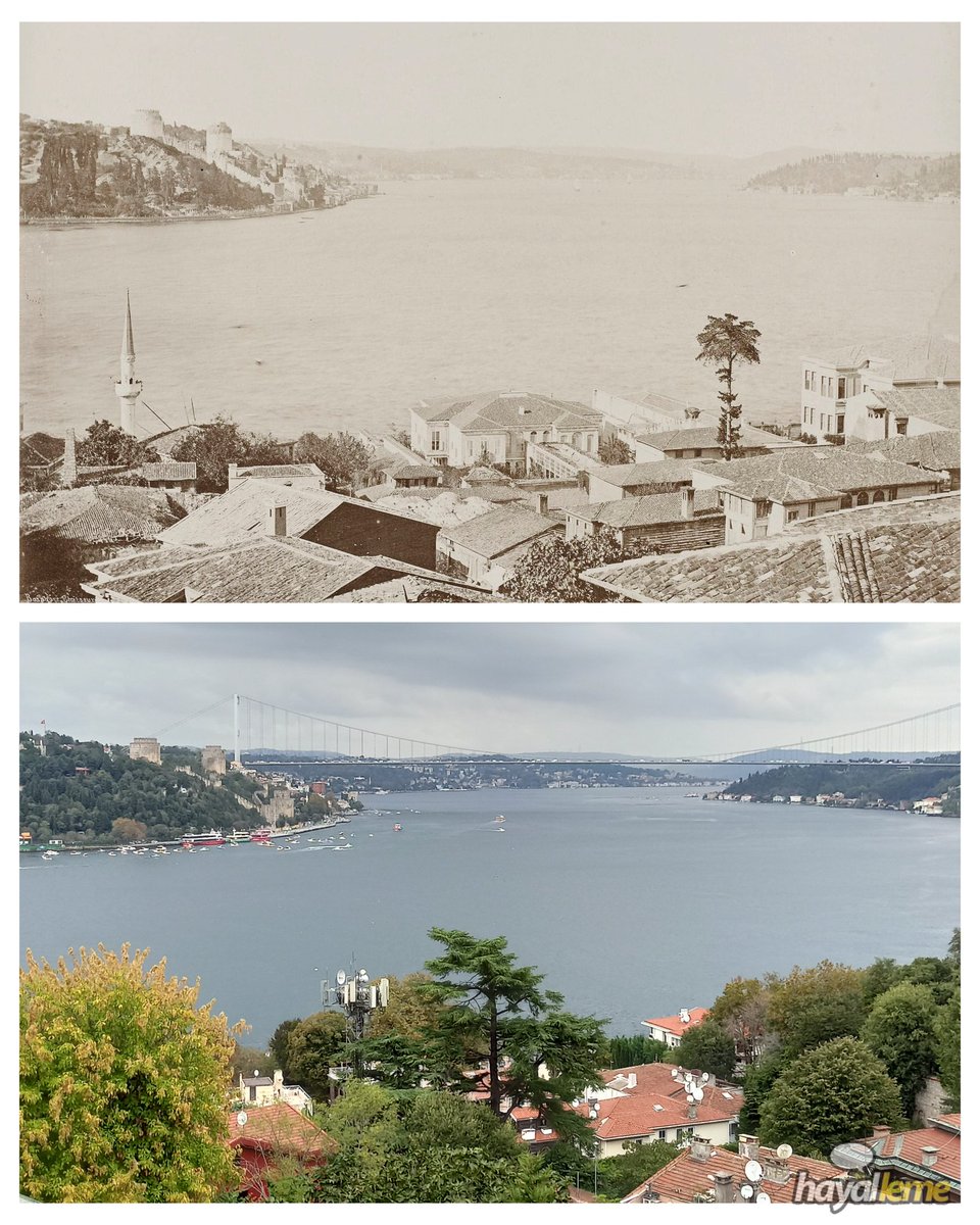 Kandilli'den Boğaziçi manzarası. Benzer açı ile 1860'lı yıllar ve 2021'de bakış.