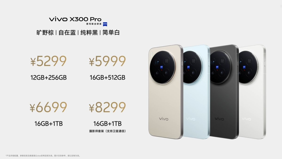 digidoty's tweet image. vivo X300 & X300 Pro are official in China 🇨🇳
📱 6.31"/6.78" 1.5K 120Hz LTPO OLED (BOE)
⚙️ Dimensity 9500 (3nm)
📸 50MP Main + 200MP Telephoto + 50MP Ultrawide
🤳 50MP Front
🔋 6040mAh | 6510mAh
🧩 Android 16 (OriginOS 6)
💰 X300, ¥4399 (~₹54,700)
💰 X300 Pro, ¥5299 (~₹66,000)