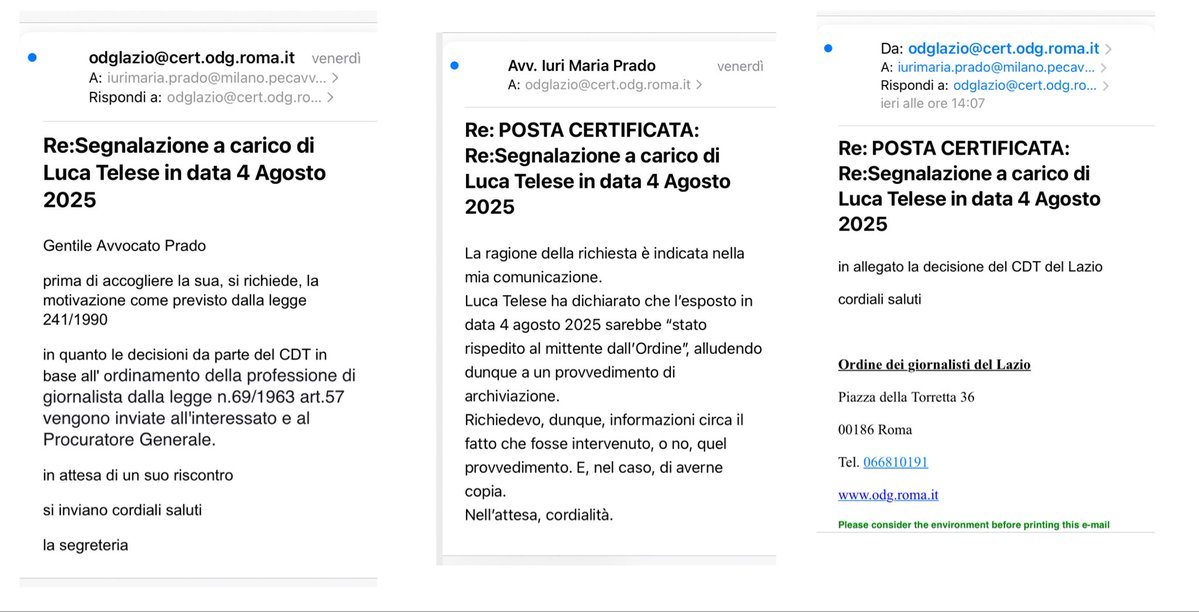 Iuri Maria Prado (@iurimariaprado) on Twitter photo Curioso il comportamento dell’Ordine dei giornalisti del Lazio <a href="/odglazio/">OdG Lazio</a> a proposito dell’esposto (il primo, ce ne sono altri) nei confronti di <a href="/lucatelese/">Luca Telese</a>.
1) L’esposto (all. I) è del 4 agosto. Rimane senza nessun riscontro sino ai giorni scorsi.
2) Il 6 ottobre <a href="/lucatelese/">Luca Telese</a>, Curioso il comportamento dell’Ordine dei giornalisti del Lazio <a href="/odglazio/">OdG Lazio</a> a proposito dell’esposto (il primo, ce ne sono altri) nei confronti di <a href="/lucatelese/">Luca Telese</a>.
1) L’esposto (all. I) è del 4 agosto. Rimane senza nessun riscontro sino ai giorni scorsi.
2) Il 6 ottobre <a href="/lucatelese/">Luca Telese</a>,