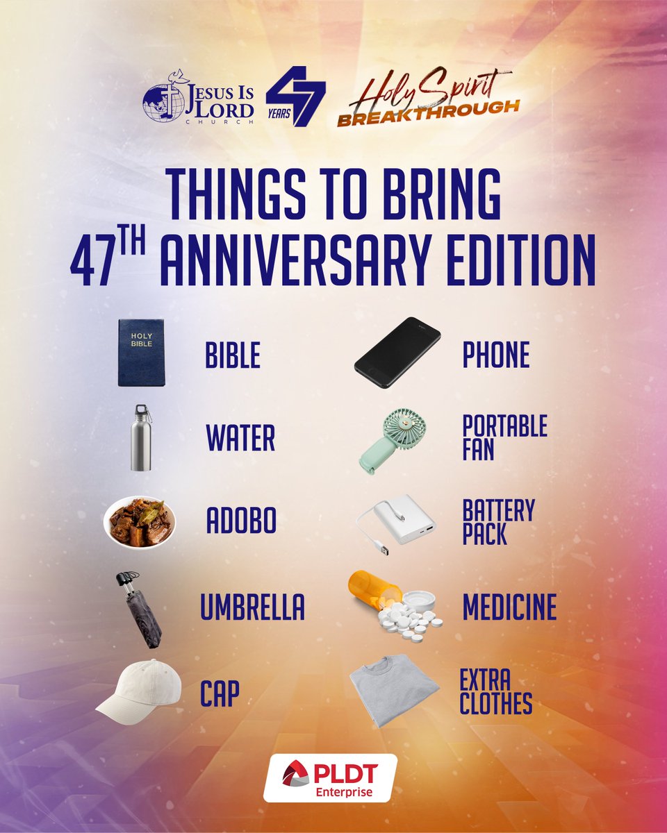 JILWorldwide's tweet photo. Ready ka na bang mag-bag reveal #JIL47 Edition?😀

Make sure na present ang JIL anniversary must-have's tulad ng:
✔️Bible
✔️Food and water
✔️Phone and/or power bank
✔️Umbrella
✔️Portable fan

✔️And share down below kung ano pa ang essentials na dadalhin nyo sa Saturday, October 18, 3PM, sa Luneta, Manila! 🎉 #HolySpiritBreakthrough #JesusIsLord

Powered by: PLDT Enterprise