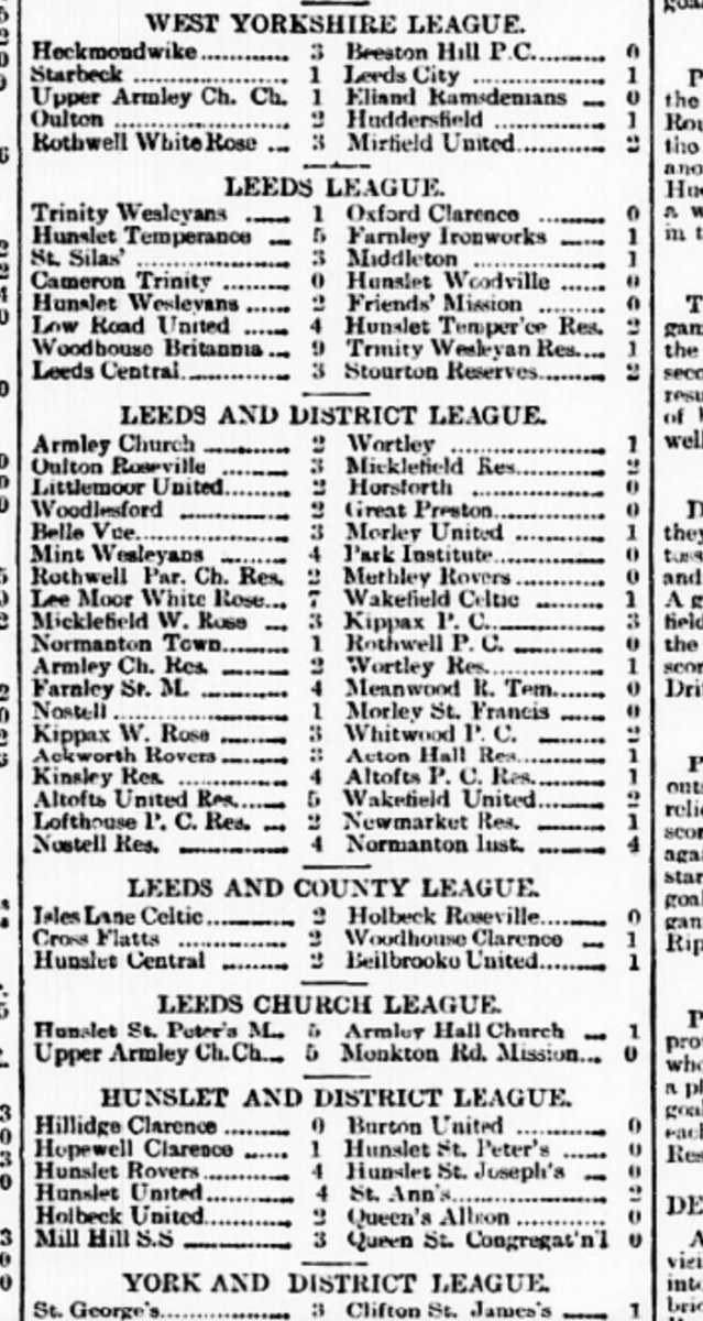 leeds_snippets's tweet image. 1904 football results from the various West Yorkshire and Leeds Football Leagues, with a good mix of church and work teams included.