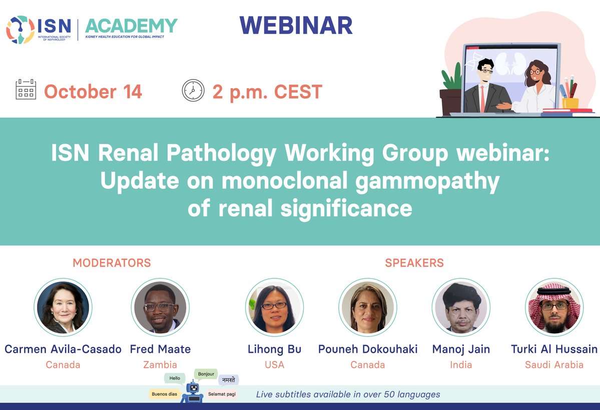 Int Society of Nephrology (@isnkidneycare) on Twitter photo 𝗧𝗢𝗗𝗔𝗬: ISN Renal Pathology Working Group webinar: "Update on monoclonal gammopathy of renal significance."
🗣️ Lihong Bu, <a href="/pathpouneh/">Pouneh Dokouhaki</a>, Manoj Jain, Turki Al Hussain
👤 <a href="/kidneypathology/">Carmen Avila</a>, <a href="/FredMaateMD/">Fred Maate</a>
🗓️ October 14
🕓 2 pm CEST
🔗 Free registration: lite.spr.ly/6004MEEs 𝗧𝗢𝗗𝗔𝗬: ISN Renal Pathology Working Group webinar: "Update on monoclonal gammopathy of renal significance."
🗣️ Lihong Bu, <a href="/pathpouneh/">Pouneh Dokouhaki</a>, Manoj Jain, Turki Al Hussain
👤 <a href="/kidneypathology/">Carmen Avila</a>, <a href="/FredMaateMD/">Fred Maate</a>
🗓️ October 14
🕓 2 pm CEST
🔗 Free registration: lite.spr.ly/6004MEEs