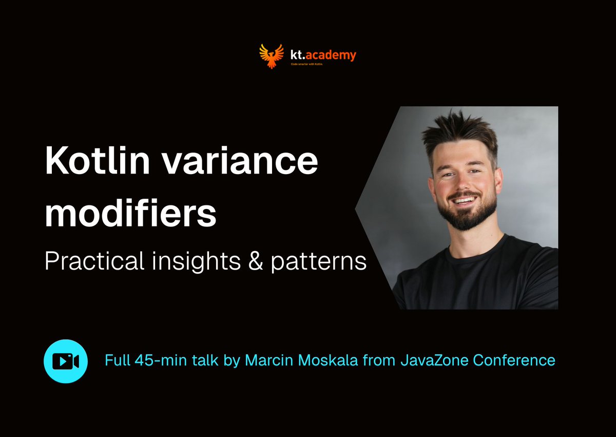 ktdotacademy's tweet image. New conference talk recording 🎥
At JavaZone 2025, Marcin Moskala explored one of Kotlin’s trickiest but most powerful features: variance modifiers.
We all use them daily (collections, functional types…), but most developers don’t fully realize how much they impact our code.…