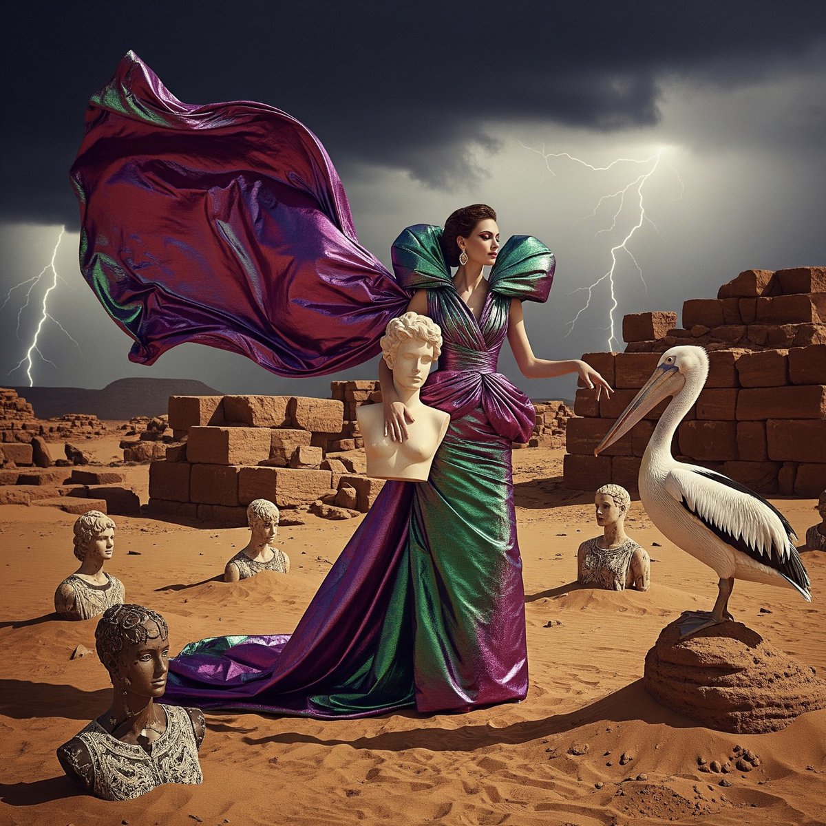 syntaxaegis's tweet image. She offers the pelican a marble head, as if that explains the couture or the lightning.
#hautecouture #digitalart #surreal #fashion #surrealism