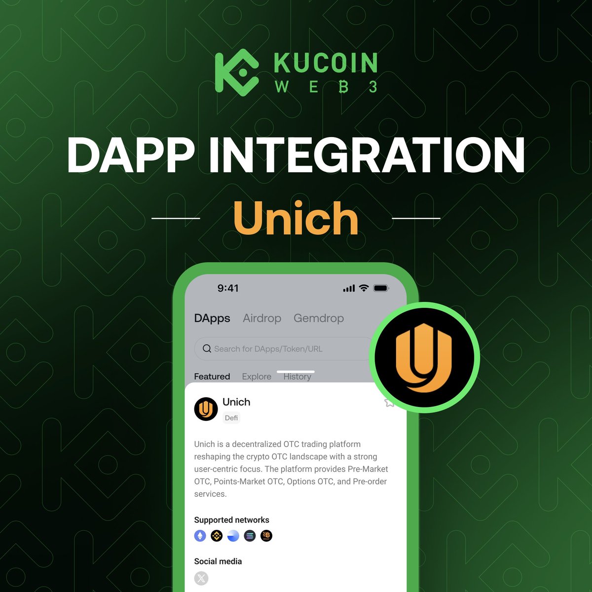 KuCoin_Web3's tweet image. 🚀 DApp Integration Update
@KuCoin_Web3 has officially integrated @unich_com, the world's first billion-volume OTC exchange, trusted by 5+ million users.
You can now access Pre-Market, Points-Market, Options, and Pre-Order OTC trading directly via KuCoin Web3 Wallet 👇…