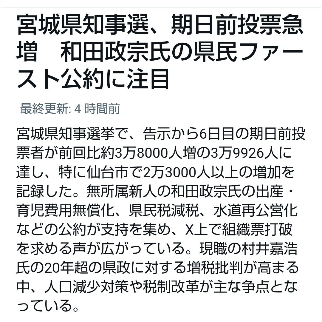 himawari3_japan's tweet image. 《宮城県知事選挙》
Xニュースに‼️

和田政宗候補を宮城県知事に✊

#宮城県知事選挙　#和田政宗　#ターニングポイント宮城