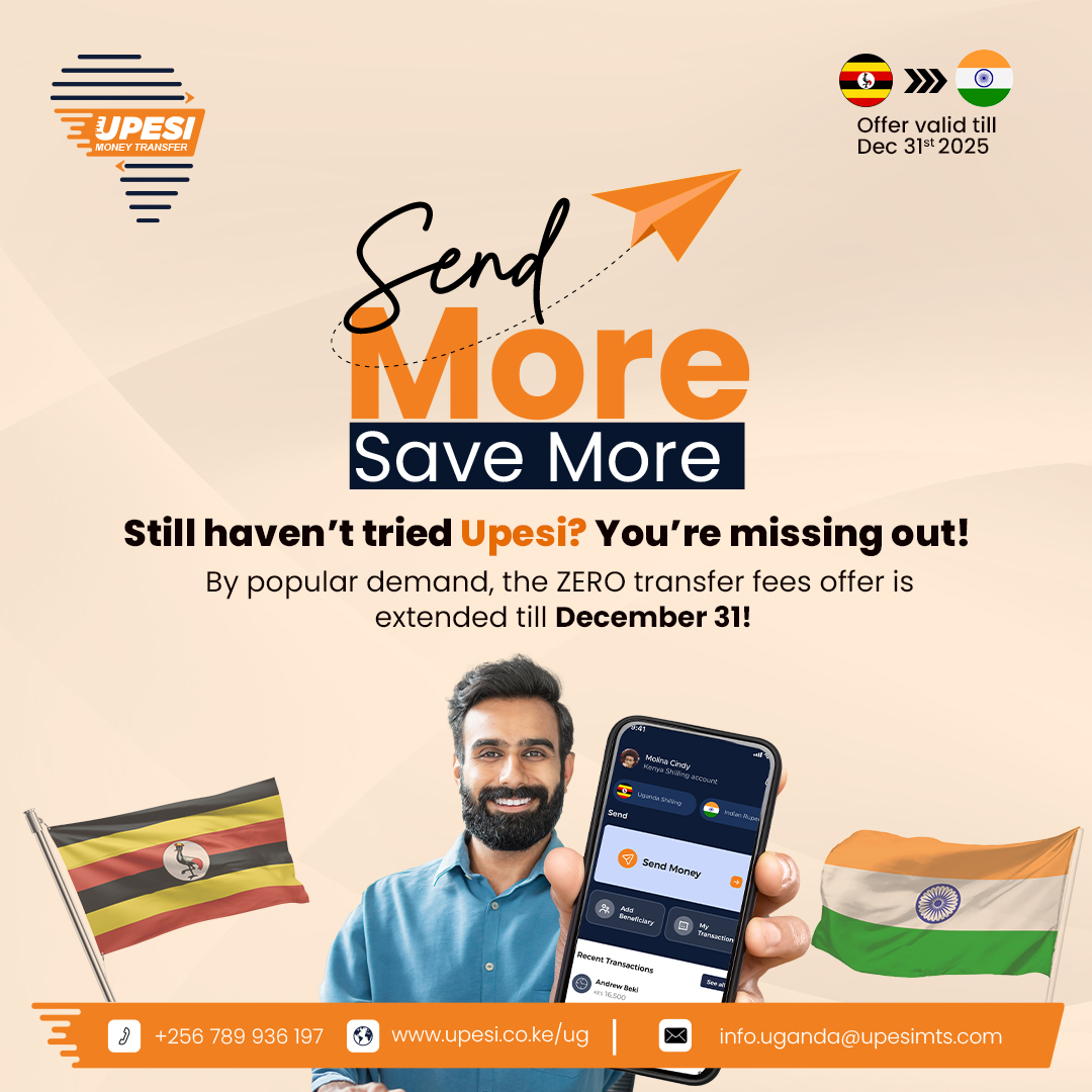 UpesiMoney's tweet photo. You asked, we listened!
Keep sending money from Uganda to India for business, education, or family support at ZERO transfer fees until December 31.
https://t.co/Pw4BWijwMP
#UpesiUganda #upesimoneytransfer #moneytransfer #SendMoneyHome https://t.co/CIszyJqLRF