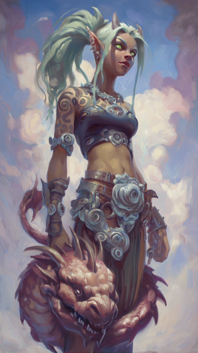 magdroid34's tweet photo. Wyrm chantress Inaja, leader of the exiled sky elves.
A young elf, who quickly ascended to high status among the sky elves. Soon a new order will be established under her rule.
#LegendsofOakhaven #AIart #DnD https://t.co/weaV9tgiP3