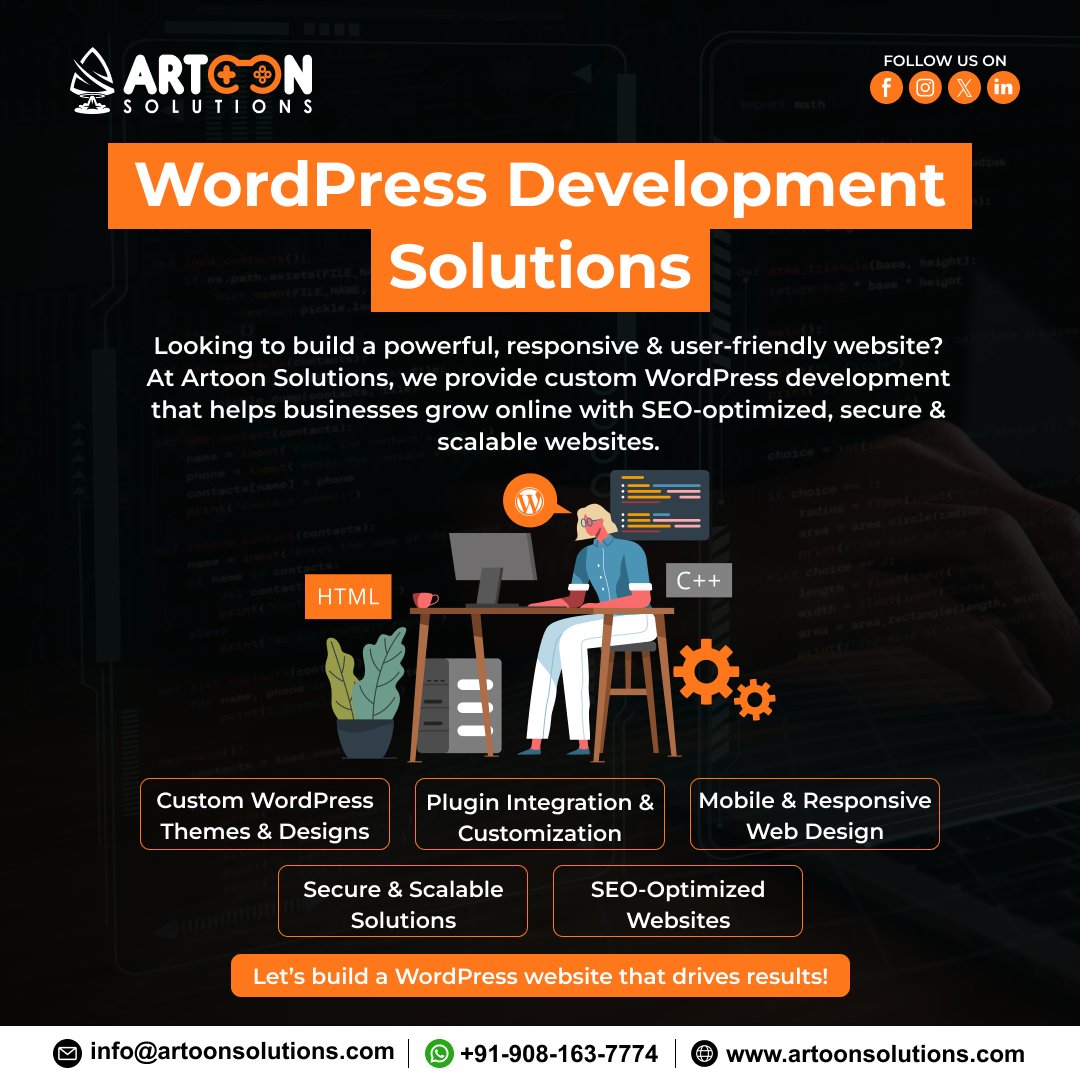 artoonsolutions's tweet image. 🌐 Elevate your brand with custom WordPress solutions by Artoon Solutions! 🚀
We build responsive, secure &amp;amp; SEO-optimized websites that drive results.
👉 Let’s create your digital success:
🌐 artoonsolutions.com

#wordpressdevelopment #WebDesign #ArtoonSolutions