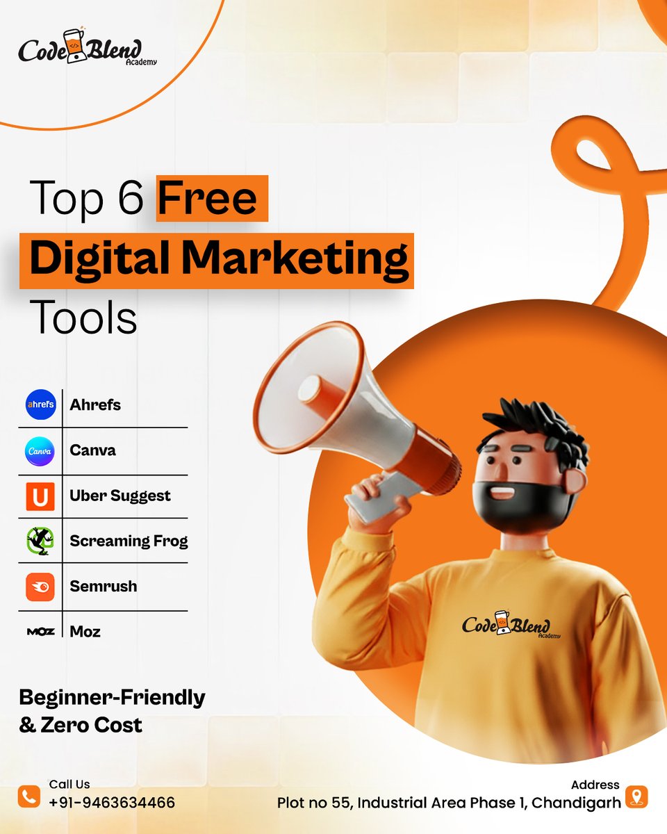 CodeblendA's tweet image. Unlock the power of digital marketing with the Top 6 Free Tools every marketer should know!
Whether you’re a beginner or a pro, these tools will help you design, analyse, and grow your online presence, all at zero cost!
#DigitalMarketing #FreeMarketingTools #CodeBlendAcademy