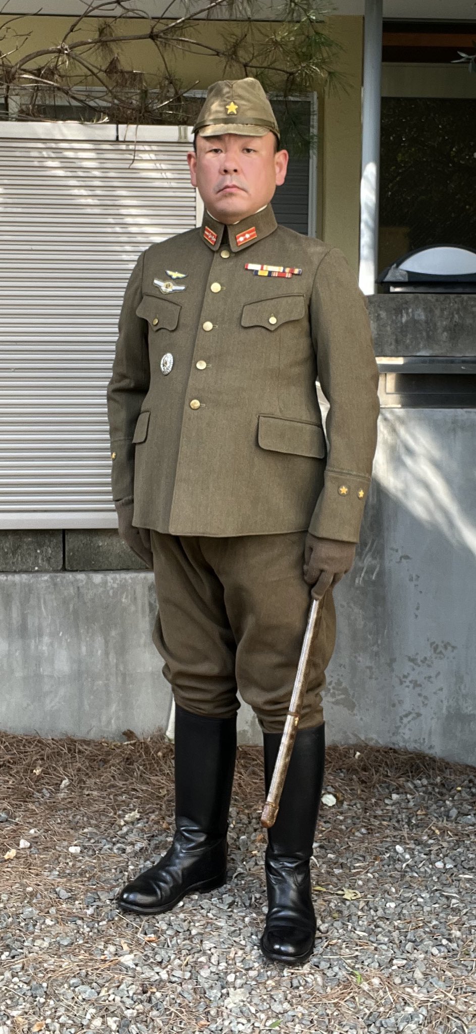 日本陸軍　飛行隊　飛行服　複製品　上下セット　Lサイズ　中尉階級章　マフラー付き 日本陸軍 飛行隊 飛行服 複製品 上下セット Lサイズ 中尉階級章