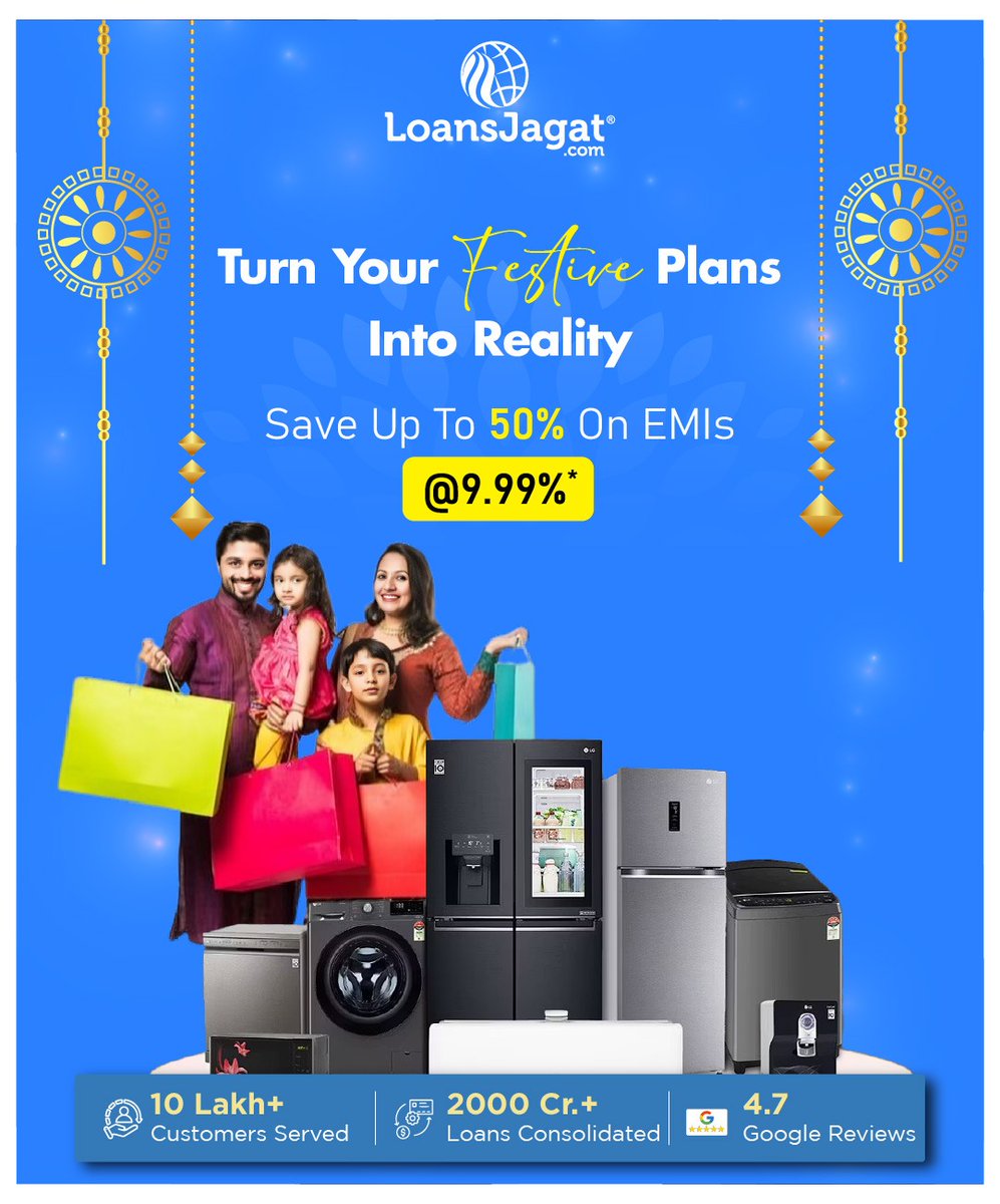 loansjagat's tweet image. Make this festive season truly yours!
.
Whether it’s a new fridge for the family, a washing machine upgrade, or your dream gadget — LoansJagat helps you make it happen with easy EMIs and low-interest rates. 🎁 

#LoansJagat #FestiveFinance #SmartLoans #EMISimplified