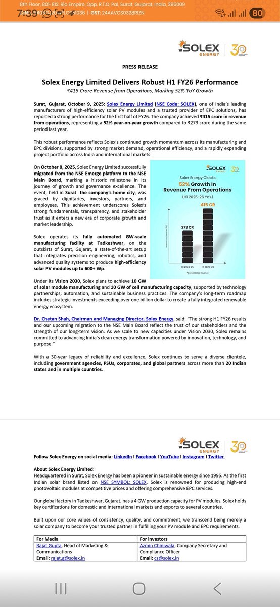 ali2asuk's tweet image. 🚨 #SOLEX — A Solar Powerhouse in the Making ⚡️🇮🇳

H1 FY26 Revenue: ₹415 Cr ✅
H2 Run-rate: 4 GW × ₹20/W → @ 50% utilisation for 5months ₹1,700-1900 Cr potential 🌞

📊 FY26 Outlook

Topline ₹2,100–2,300 Cr

PAT ₹130–160 Cr (6–7 %)

@25
× → MCap ₹3,250–4,000 Cr
#showmore
