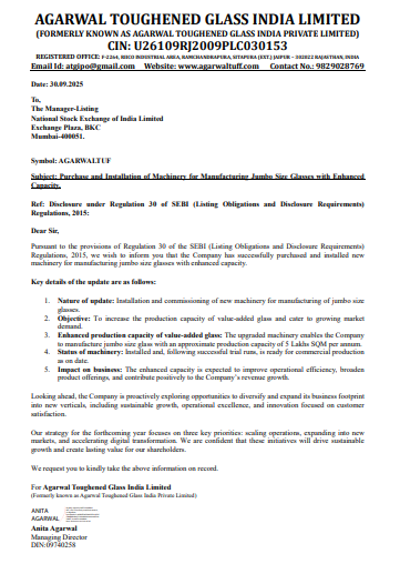 ali2asuk's tweet image. 🚀 $AGARWALTUF – Agarwal Toughened Glass Ltd

📊 FY25 Snapshot

Revenue: ₹55.3 Cr

EBITDA: ₹23.1 Cr (≈ 40% margin)

PAT: ₹15.2 Cr (≈ 26% margin)

📌 Q1 FY26 &amp;amp; Order Book

Q1 (unaudited) revenue: ~₹28 Cr

Order book as of June 30, 2025: ~₹50 Cr
#showmore