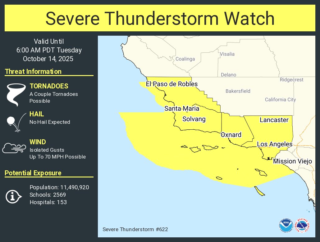 NWSSevereTstorm's tweet image. A severe thunderstorm watch has been issued for parts of California until 6 AM PDT