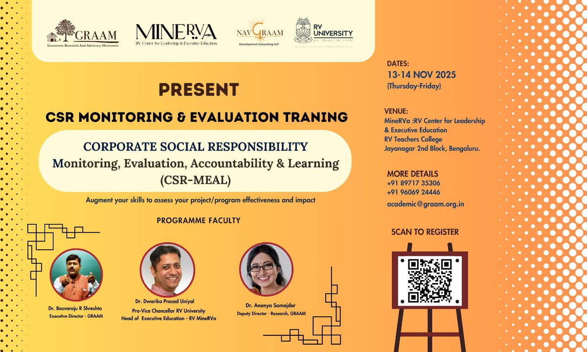2-day intensive training on CSR Monitoring, Evaluation, Accountability &amp; Learning - CSR teams, NGOs, development practitioners. Cohort 3 | 13–14 Nov 2025, Blore. 
Early Bird Offer (till 25 Oct only for first 10 Reg.): ₹10,000 + GST = ₹11,800/-
- Fee: ₹12,500 + GST = ₹14,750/-