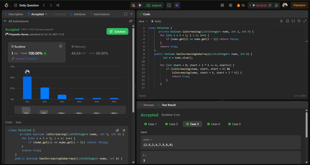 PriyanshuV82847's tweet image. Day 17/100 ✅ LeetCode POTD
3349. Adjacent Increasing Subarrays Detection I
Easy? Maybe on paper 😭
Took me a while to catch that hidden edge case 💀
Streak: 🔥 75 days strong!
#LeetCode #100DaysOfCode #DevLife