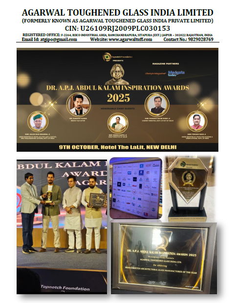 ali2asuk's tweet image. 🏆 Agarwal Toughened Glass India Ltd (AGARWALTUF) has been honoured as
 “Most Trusted Architectural Glass Manufacturer of the Year”🏅

📍 Dr. APJ Abdul Kalam Inspirational Awards 2025
📅 Oct 9 | Hotel The Lalit, New Delhi
#showmore
x.com/ali2asuk/statu…