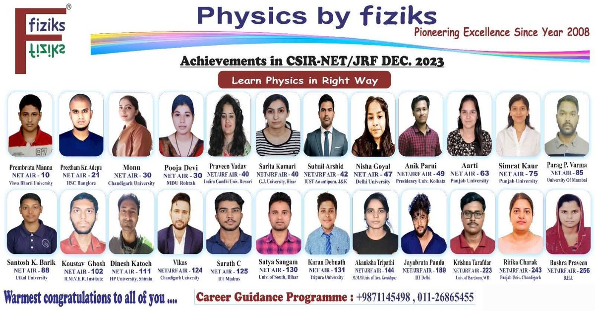 AVSfiziks's tweet image. Achievements of fiziks in NET/JRF Dec 2023 examination.
#Physicsbyfiziks #Physicalscience
#Learn_Physics_in_Right_Way