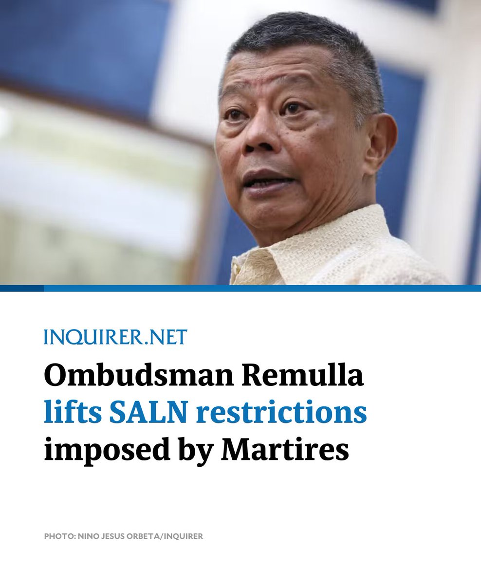 inquirerdotnet's tweet photo. The Office of the Ombudsman under Boying Remulla has lifted restrictions on public access to the statements of assets, liabilities, and net worth (SALNs) of government officials, effectively reversing the policy imposed by its former chief, Samuel Martires.

READ MORE: https://t.co/owvgGIFIlH