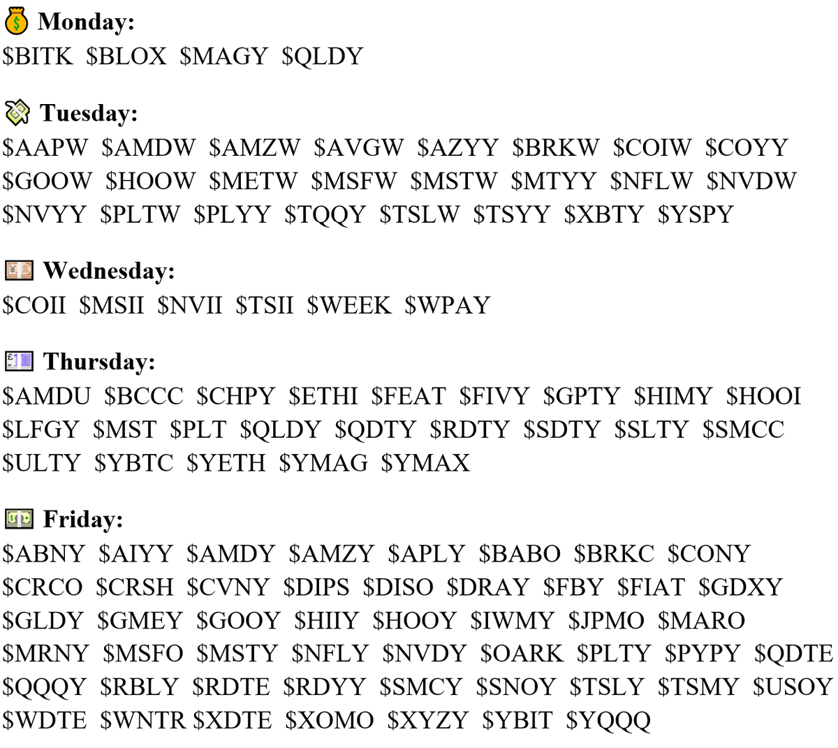 💵 The Everyday Income ETF Lineup

📅 100+ Weekly Pay ETFs Across All Sectors

💰  Payouts Every Weekday (Mon–Fri)

⚡ High-Yield, High-Frequency Cash Flow

📊 Explore The Updated Schedule + Build Your Own Portfolio 👇