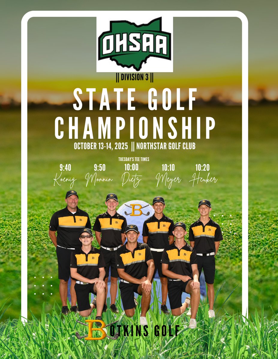 BotkinsGolf's tweet image. ☀️Rise &amp;amp; shine, @BotkinsGolf…
It’s S•T•A•T•E Tourney Day 2!

Trojans finished 9th yesterday &amp;amp; are set for Round 2. 

Follow along for updates.

Here we go!

👇State Day 2 Tee times
🎟️ ohsaa.org/tickets
⛳️ Scoring is available through a subscription on iWannamaker.