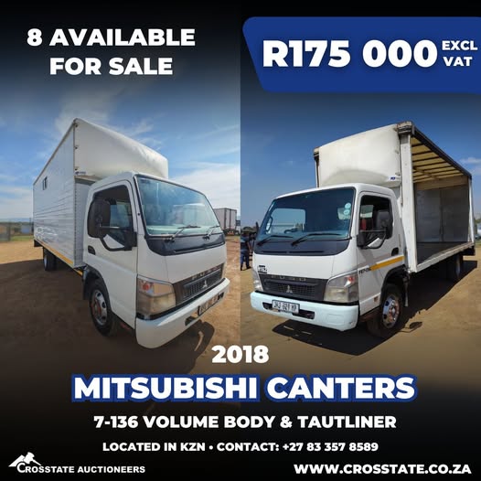 SALE ALERT: R175,000 excl VAT. 8 × 2018 Mitsubishi Canter 7-136 (Volume Body &amp; Tautliner). Ready to work. KZN. Call +27 83 357 8589. Apply: typecard.com/31597ad1/ | Bouwer Bekker +27 82 829 7564 • Auth. FSP34936