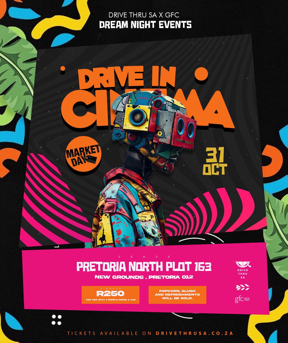 Drive in cinema Pretoria 🍿 
📍 Location Pretoria North Plot 163, New grounds. 
📆 31st October 2025 

🎟️ Tickets available on website, link in bio 

<a href="/GautengFilmCom/">Gauteng Film</a>
