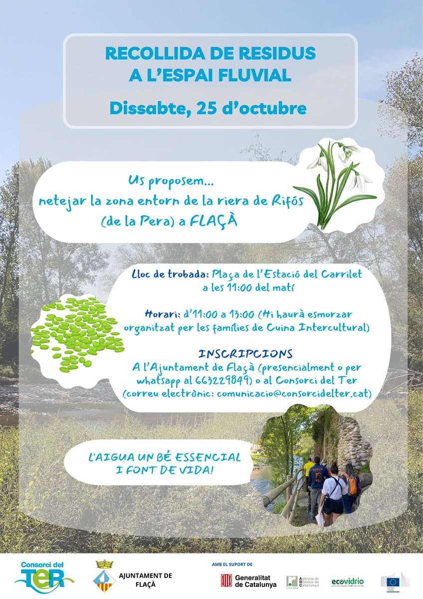 Us apunteu a la recollida de residus a l'espai fluvial a Flaçà <a href="/AjuntamentFlaca/">Ajuntament de Flaçà</a>?
🗓️Dissabte 25 d'octubre  
📍plaça de l'Estació del Carrilet, a les 11 del matí  
✍️🏻A l'Ajuntament de Flaçà presencialment, al whatsapp 663229849 o al mail activitats@consorcidelter.cat.
