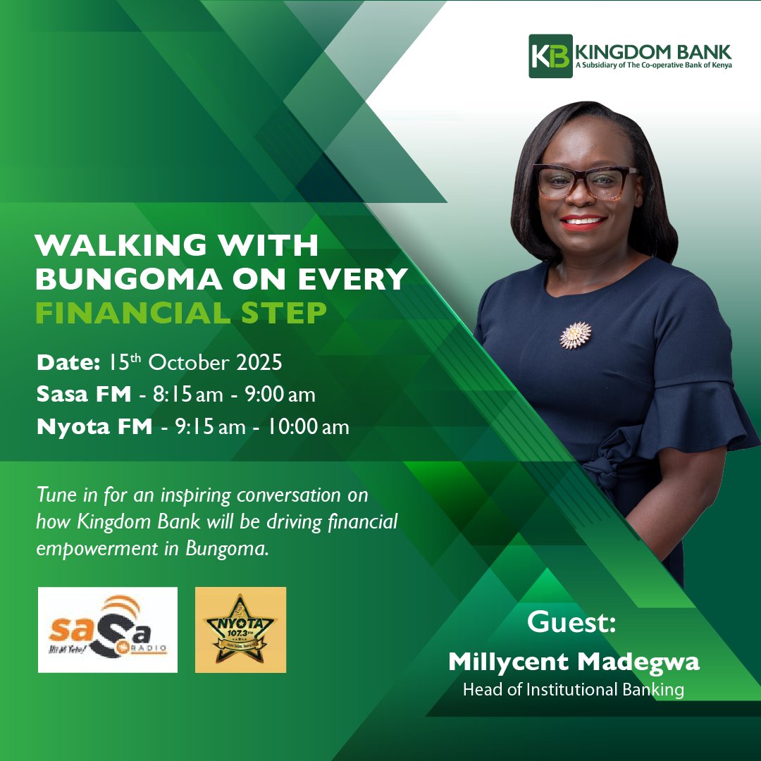 Catch us live on 15th October on Sasa Fm(92.0 FM) from 8:15 am - 9:00 am and on Nyota FM(107.3 FM) from 9:15 am- 10 am to learn more about the financial solutions we are bringing to Bungoma town. #TwendeTukisongaNaKingdomBank.